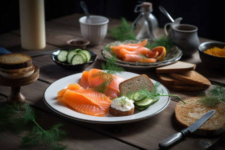 A traditional, Scandinavian breakfast spread, with an array of smoked salmon, pickled herring, crispbreads, and sliced cucumbers, served on a sleek, modern plate with fresh dill garnish. Generative AI.の素材