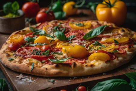 A mouthwatering, gourmet pizza, topped with an array of fresh ingredients and bubbling cheese, being pulled from a wood-fired oven, set in a charming, authentic pizzeria setting. Generative Ai.の素材