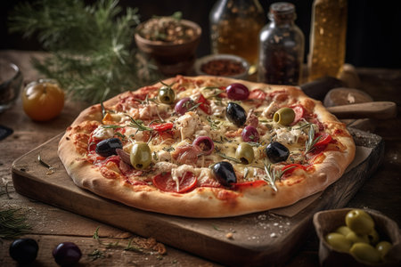 A mouthwatering, gourmet pizza, topped with an array of fresh ingredients and bubbling cheese, being pulled from a wood-fired oven, set in a charming, authentic pizzeria setting. Generative Ai.の素材