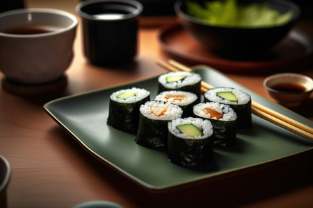 A plate of sushi rolls with soy sauce and wasabi, with chopsticks. Generative AIの素材