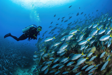 A diver swimming with a school of fish in a coral reef. Generative AI.の素材