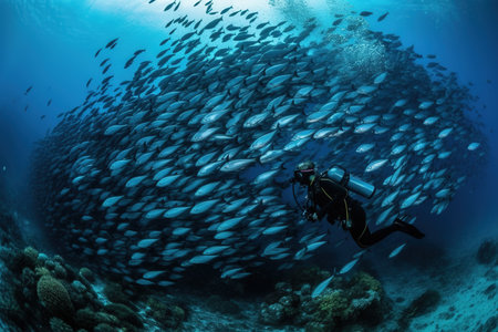 A diver swimming with a school of fish in a coral reef. Generative AI.の素材