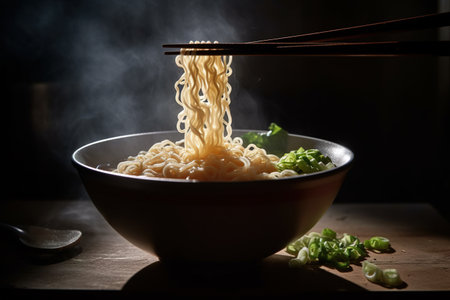 A bowl of ramen noodles with chopsticks and green onions, with steam rising from the bowl. Generative AIの素材