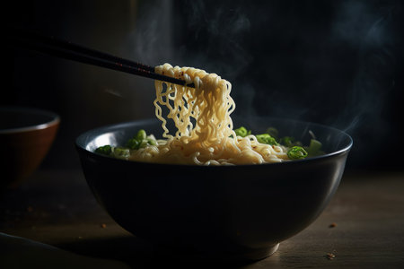 A bowl of ramen noodles with chopsticks and green onions, with steam rising from the bowl. Generative AIの素材