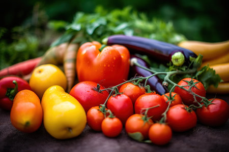 A vibrant, close-up image of freshly picked vegetables, such as tomatoes, carrots, or bell peppers, showcasing their rich colors, textures, and natural beauty. Generative Aiの素材