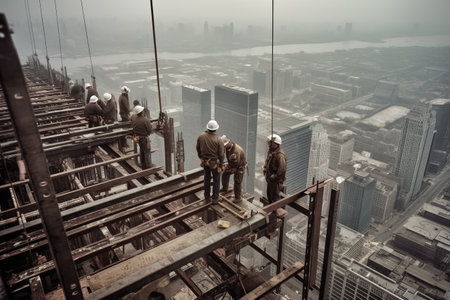 A dramatic, high-angle shot of skyscraper builders working at dizzying heights, skillfully assembling steel beams and securing building materials. Generative AI.の素材