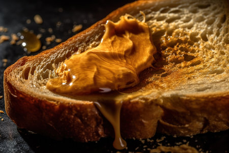 A close-up, appetizing image of creamy peanut butter being spread onto a slice of warm, toasted bread, of the popular spread. Generative AIの素材