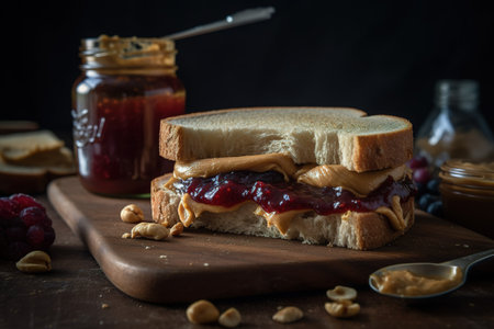 Classic peanut butter and jelly sandwich, with the rich, creamy peanut butter perfectly paired with a sweet, fruity jam or jelly. Generative AI.の素材