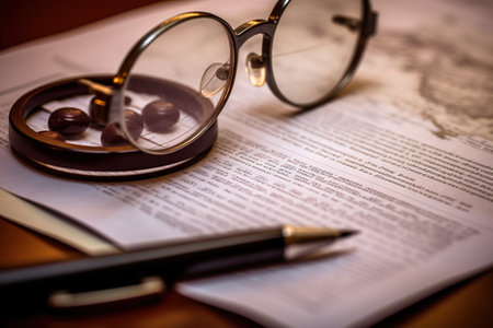 A detailed, close-up shot of essential documents or tools related to the global economy, such as international trade agreements, tax forms, or financial reports. Generative AIの素材