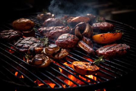 A mouthwatering, close-up image of sizzling meat, vegetables, seafood on a barbecue grill, showcasing the rich, caramelized and enticing colors, set against a backdrop of glowing charcoal.の素材