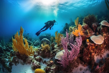 A stunning, underwater image of a scuba diver exploring a colorful coral reef, surrounded by a variety of marine life and crystal-clear waters. Generative AI.の素材