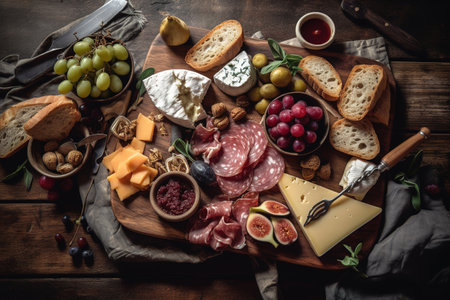 A beautifully arranged charcuterie board with an assortment of cheeses, cured meats, olives, and artisanal bread, set against a rustic wooden background. Generative AI.の素材