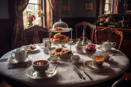 Aromatic pot of tea, accompanied by delicate finger sandwiches, scones, and dainty pastries, set on a beautifully adorned table. Generative AI.の素材