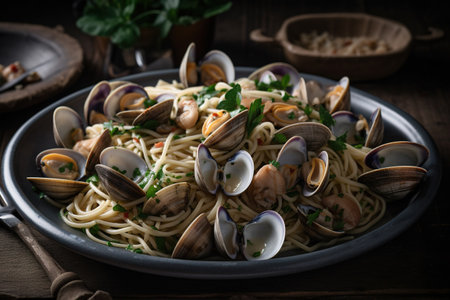 Dish of clams with lemons and parsley. Generative Ai.の素材