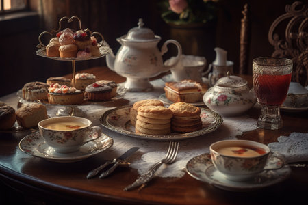 Aromatic pot of tea, accompanied by delicate finger sandwiches, scones, and dainty pastries, set on a beautifully adorned table. Generative AI.の素材