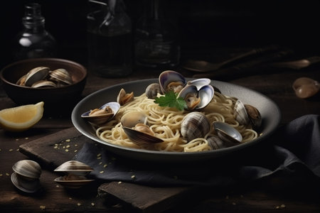 Dish of clams with lemons and parsley. Generative Ai.の素材