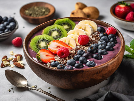A refreshing, fruit-filled smoothie bowl, brimming with an array of colorful berries, banana slices, and chia seeds.の素材