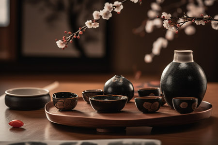A captivating, Japanese-inspired sake presentation, with a traditional sake set, including a ceramic flask and small cups, surrounded by cherry blossoms and minimalist decor. Generative AIの素材