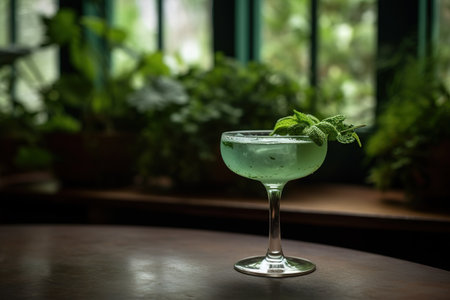 A refreshing cocktail, showcasing a botanical gin-based drink, garnished with fresh herbs, such as basil or thyme, and served in a stylish, modern glass. Generative AIの素材