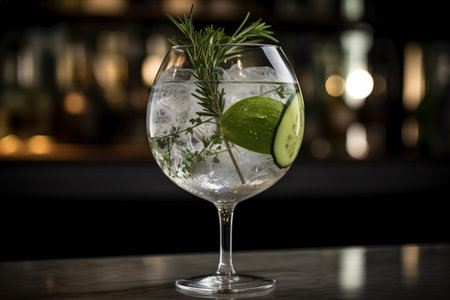 A trendy, artisanal gin and tonic, served in a large, balloon glass with a variety of botanical garnishes, such as cucumber, rosemary, and juniper berries, on a minimalist, marble bar top. Generative AIの素材