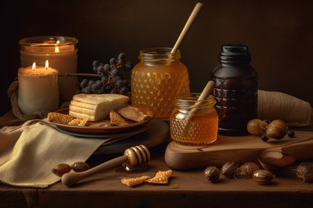Honey-themed still life, showcasing a beautifully composed arrangement of honey related items, such as a jar of honey, a wooden honey dipper, a beeswax candle, and a delicate honeycomb. Generative AIの素材