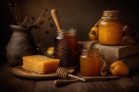 Honey-themed still life, showcasing a beautifully composed arrangement of honey related items, such as a jar of honey, a wooden honey dipper, a beeswax candle, and a delicate honeycomb. Generative AIの素材