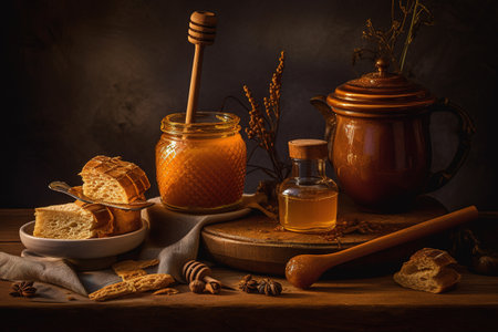 Honey-themed still life, showcasing a beautifully composed arrangement of honey related items, such as a jar of honey, a wooden honey dipper, a beeswax candle, and a delicate honeycomb. Generative AIの素材
