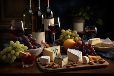 A sophisticated wine tasting experience, featuring an assortment of fine red and white wines, with elegant wine glasses, a corkscrew, and a selection of complementary cheeses and fruit. Generative AIの素材