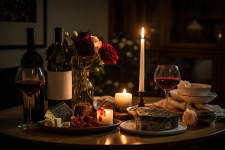 A romantic, candlelit setting, showcasing a bottle of red wine, accompanied by two wine glasses, a charcuterie board, and a bouquet of roses. Perfect ambiance for a romantic evening. Generative AIの素材