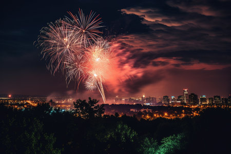 A spectacular, nighttime fireworks, lighting up the sky with vibrant, colorful bursts, celebrating the spirit of Independence Day, set against the backdrop of a city skyline or a serene. Generative AIの素材