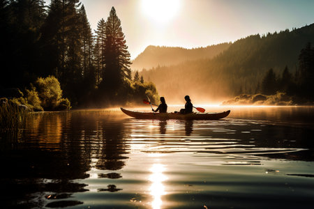 A playful, outdoor adventure scene, showcasing a couple kayaking or paddle boarding together on a calm, crystal-clear lake or river, surrounded by a picturesque, sunlit natural setting. Generative AIの素材
