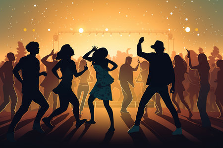 Illustration of Summer music festival concert scene, capturing a couple dancing, singing, and enjoying live performances together, surrounded by the energetic and vibrant atmosphere. Generative AIの素材
