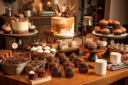 A delightful, coffee-themed dessert table, showcasing an array of coffee-infused treats, such as espresso brownies, cappuccino cupcakes, and coffee-flavored ice cream. Generative AIの素材