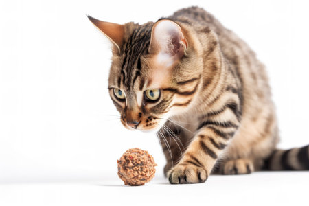 A playful, action shot of a cat capturing and chewing on a toy or snack, showcasing the feline's natural hunting instincts and the joy it finds in playtime, on white background.の素材