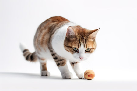 A playful, action shot of a cat capturing and chewing on a toy or snack, showcasing the feline's natural hunting instincts and the joy it finds in playtime, on white background.の素材