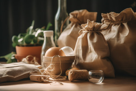Various eco-friendly packaging materials and products, including biodegradable containers, reusable bags, and recyclable materials. Sustainable packaging solutions in everyday life. Generative AIの素材