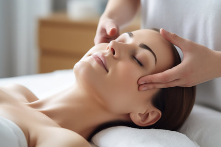 An image of a person receiving a facial. Woman lying on a comfortable bed while a facialist works on their skin. Woman have relaxed expression. Generative AIの素材
