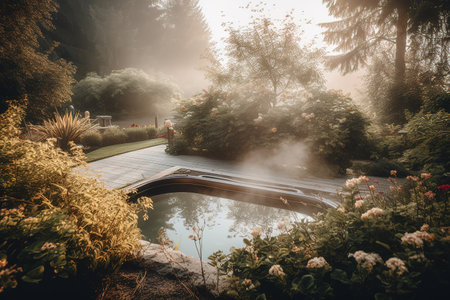 A tranquil scene of a hot tub: The image shows a hot tub set in a peaceful lake, with steam rising from the water. Soft, warm color palette to create a sense of relaxation. Generative Aiの素材