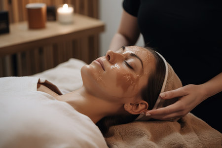 An image of a person receiving a facial. Woman lying on a comfortable bed while a facialist works on their skin. Woman have relaxed expression. Generative AIの素材
