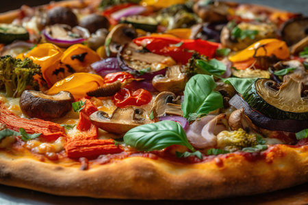 A close-up of a grilled vegetable pizza. The pizza have a crispy crust and be topped with fresh vegetables like tomatoes, onions, and mushrooms. Generative AIの素材