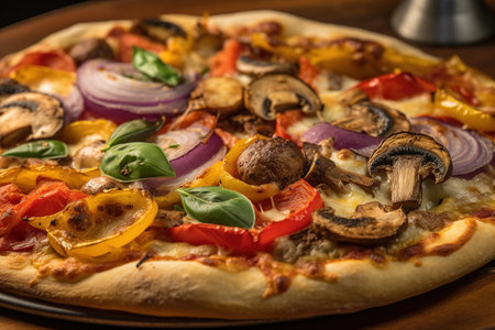 A close-up of a grilled vegetable pizza. The pizza have a crispy crust and be topped with fresh vegetables like tomatoes, onions, and mushrooms. Generative AIの素材