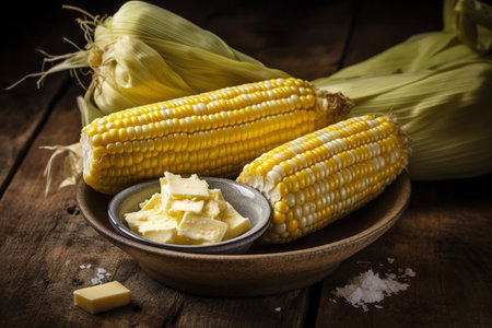 A bowl of grilled corn on the cob with butter and salt. The corn should be slightly charred and the butter should be melting over it. Generative AIの素材