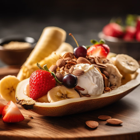 A tempting, close-up shot of a vegan featuring dairy-free ice cream, fresh fruit, and natural sweeteners. Highlights the desserts wholesome appeal. Generative AIの素材