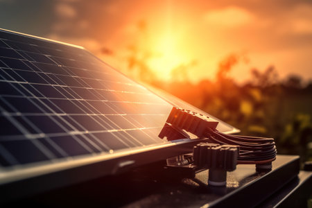 A detailed, close-up shot of essential solar energy components, such as photovoltaic cells, inverters, mounting systems, emphasizing the importance harnessing the power of the sun. Generative AIの素材