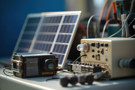 A detailed, close-up shot of essential solar energy components, such as photovoltaic cells, inverters, mounting systems, emphasizing the importance harnessing the power of the sun. Generative AIの素材