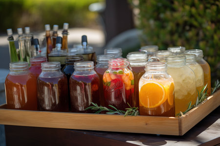 A refreshing, BBQ beverage display, showcasing a selection of ice-cold drinks, such as lemonade, iced tea, craft beers, set against a vibrant, summery backdrop. Generative AIの素材