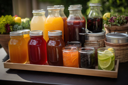 A refreshing, BBQ beverage display, showcasing a selection of ice-cold drinks, such as lemonade, iced tea, craft beers, set against a vibrant, summery backdrop. Generative AIの素材
