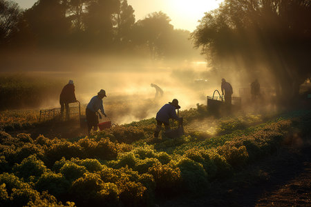 A serene, early morning vegetable harvest, capturing the dew-covered plants, the soft, golden light of sunrise, and the peaceful atmosphere of a farm before the day work begins. Generative AI.の素材