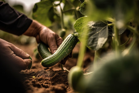A detailed, shot of a specific vegetable being harvested, such as a cucumber being gently picked from unearthed from the soil. generativeの素材