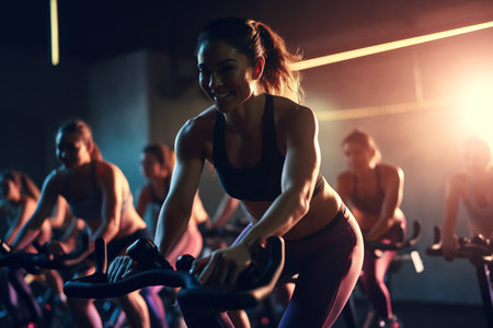 A motivational, group fitness class, featuring participants engaged in an energetic workout, such as spinning, aerobics, set against a vibrant, gym studio background. Generative AIの素材
